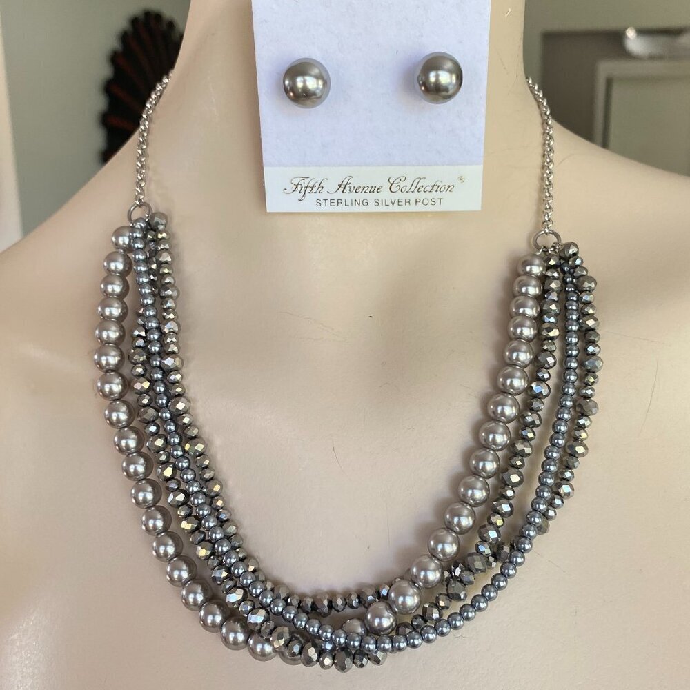 Multi Strand Grey Faux Pearl Necklace & Earrings Set​​​